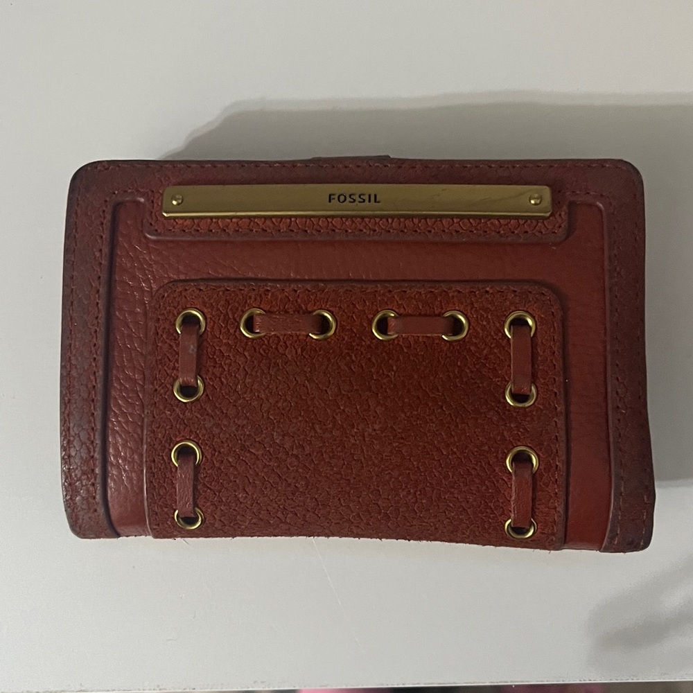 Fossil Brick Red Leather Wallet with Gold Details